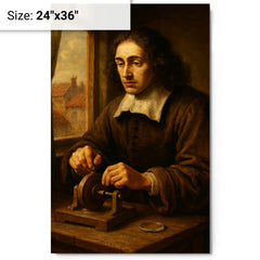 Baruch Spinoza grinding lenses by window metal print on a plain backdrop in size 24"x36".