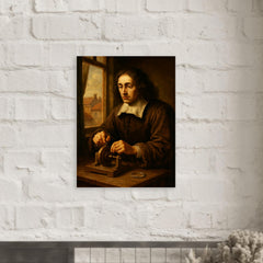 Baruch Spinoza grinding lenses by window metal print mockup