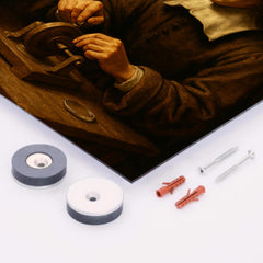 Baruch Spinoza grinding lenses by window metal print mockup