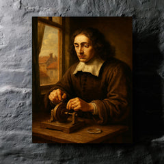 Baruch Spinoza grinding lenses by window metal print mockup
