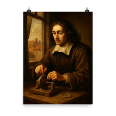 Baruch Spinoza grinding lenses by window poster on a plain backdrop in size 8"x10".