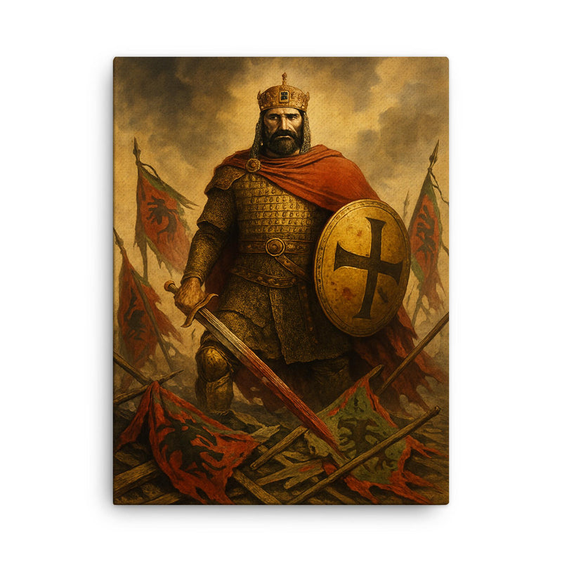 Basil II among broken Bulgar banners canvas print on a plain backdrop in size 18