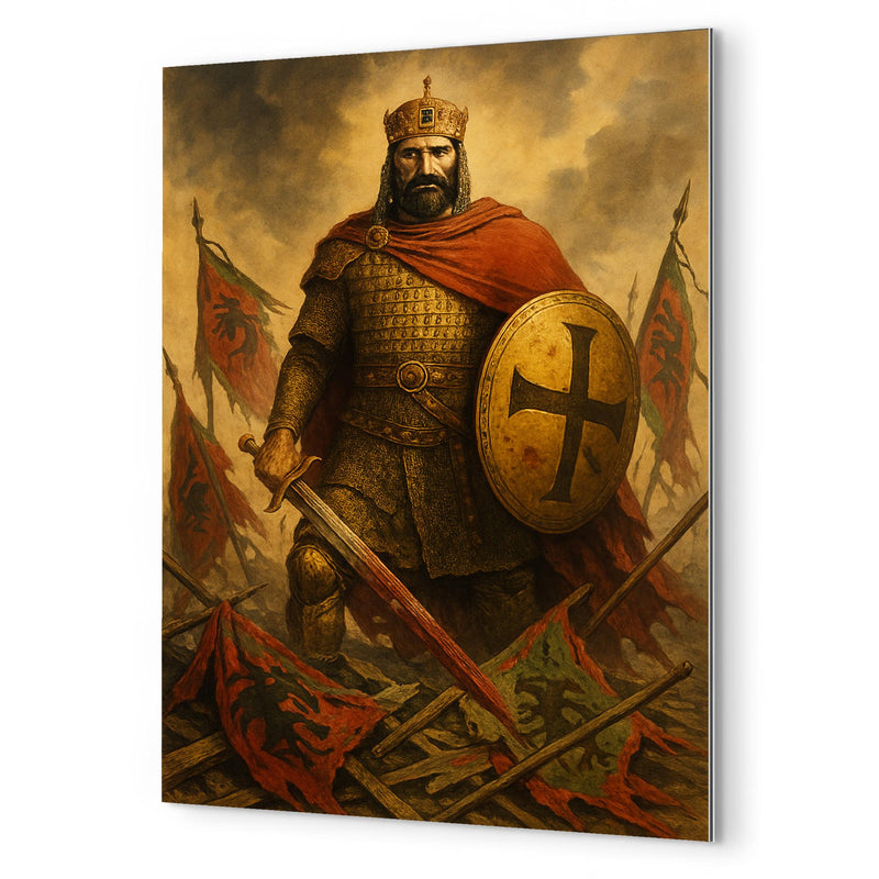 Basil II among broken Bulgar banners metal print mockup
