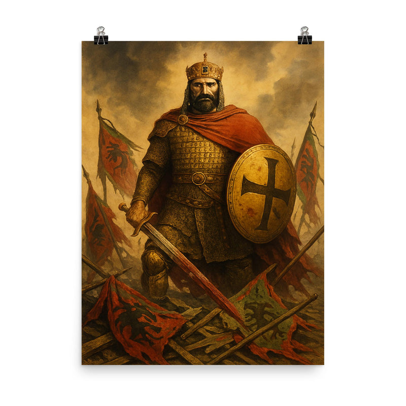 Basil II among broken Bulgar banners poster on a plain backdrop in size 8