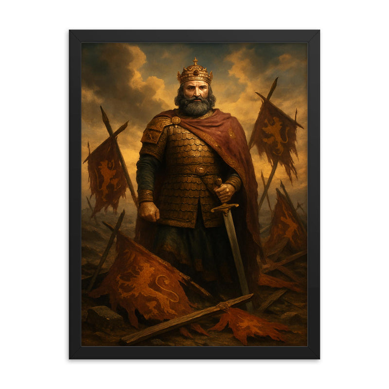 Basil II among broken Bulgarian standards framed print on a plain backdrop in size 18