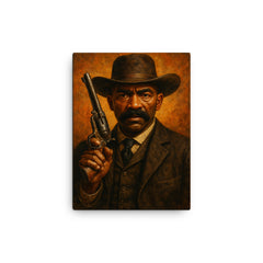 Bass Reeves revolver and lawman stare canvas print on a plain backdrop in size 12"x16".