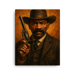 Bass Reeves revolver and lawman stare canvas print on a plain backdrop in size 16"x20".