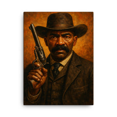 Bass Reeves revolver and lawman stare canvas print on a plain backdrop in size 18"x24".