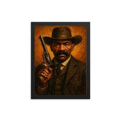 Bass Reeves revolver and lawman stare framed print on a plain backdrop in size 12"x16".