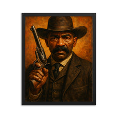 Bass Reeves revolver and lawman stare framed print on a plain backdrop in size 16"x20".