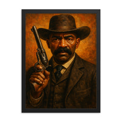 Bass Reeves revolver and lawman stare framed print on a plain backdrop in size 18"x24".