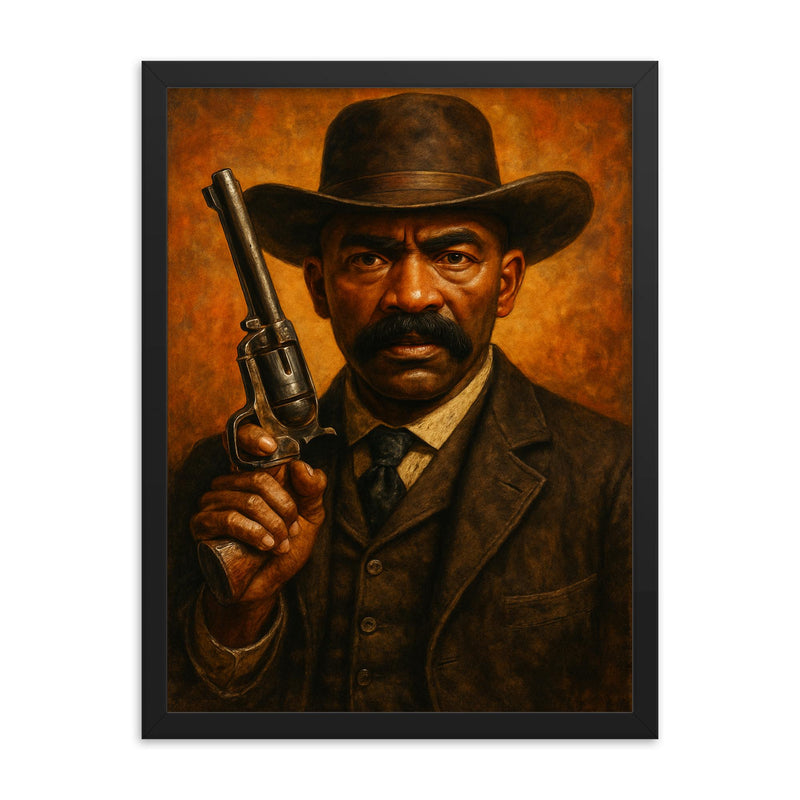 Bass Reeves revolver and lawman stare framed print on a plain backdrop in size 18