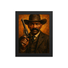 Bass Reeves revolver and lawman stare framed print on a plain backdrop in size 8"x10".