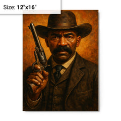 Bass Reeves revolver and lawman stare metal print on a plain backdrop in size 12"x16".