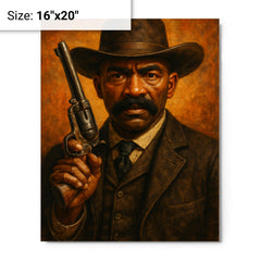 Bass Reeves revolver and lawman stare metal print on a plain backdrop in size 16"x20".