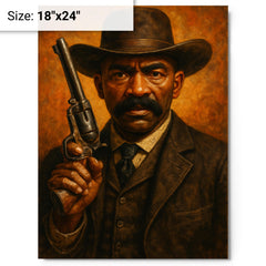 Bass Reeves revolver and lawman stare metal print on a plain backdrop in size 18"x24".