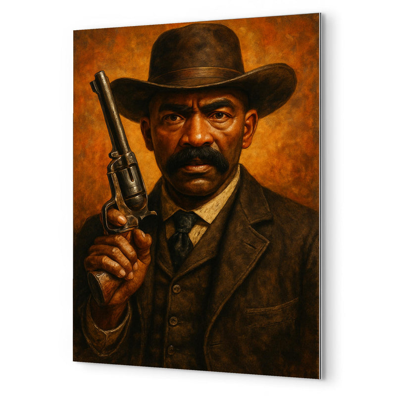 Bass Reeves revolver and lawman stare metal print mockup