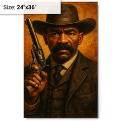 Bass Reeves revolver and lawman stare metal print on a plain backdrop in size 24"x36".