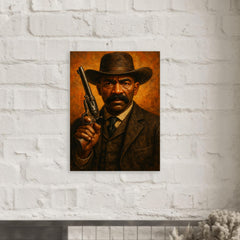 Bass Reeves revolver and lawman stare metal print mockup