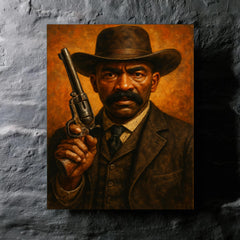 Bass Reeves revolver and lawman stare metal print mockup