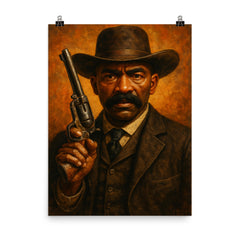 Bass Reeves revolver and lawman stare poster on a plain backdrop in size 8"x10".