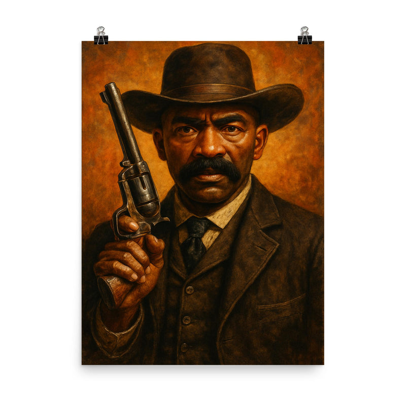 Bass Reeves revolver and lawman stare poster on a plain backdrop in size 8
