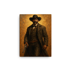 Bass Reeves with long coat and revolver canvas print on a plain backdrop in size 12"x16".
