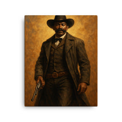 Bass Reeves with long coat and revolver canvas print on a plain backdrop in size 16"x20".