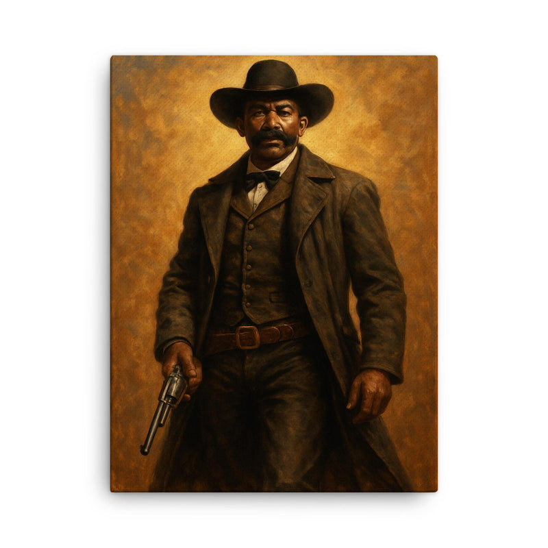Bass Reeves with long coat and revolver canvas print on a plain backdrop in size 18