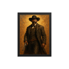 Bass Reeves with long coat and revolver framed print on a plain backdrop in size 12"x16".