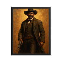 Bass Reeves with long coat and revolver framed print on a plain backdrop in size 16"x20".