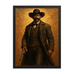 Bass Reeves with long coat and revolver framed print on a plain backdrop in size 18"x24".