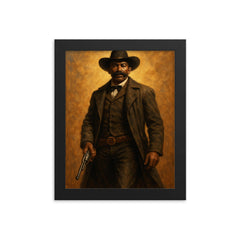 Bass Reeves with long coat and revolver framed print on a plain backdrop in size 8"x10".