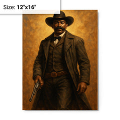 Bass Reeves with long coat and revolver metal print on a plain backdrop in size 12"x16".