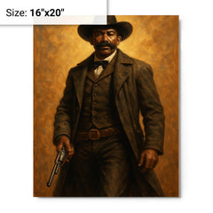 Bass Reeves with long coat and revolver metal print on a plain backdrop in size 16"x20".