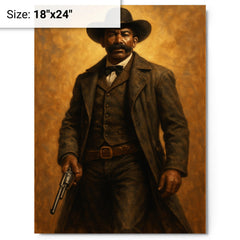 Bass Reeves with long coat and revolver metal print on a plain backdrop in size 18"x24".