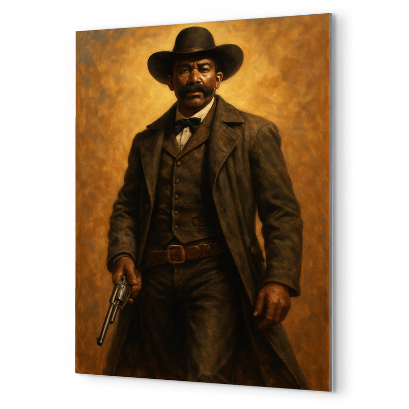 Bass Reeves with long coat and revolver metal print mockup