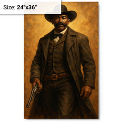 Bass Reeves with long coat and revolver metal print on a plain backdrop in size 24"x36".