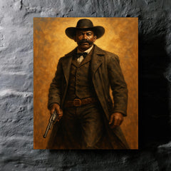 Bass Reeves with long coat and revolver metal print mockup