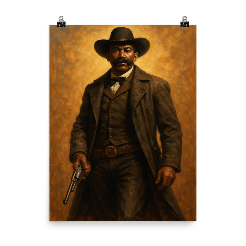 Bass Reeves with long coat and revolver poster on a plain backdrop in size 8