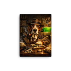 Basset hound detective under green banker lamp canvas print on a plain backdrop in size 12"x16".
