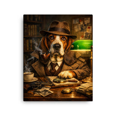 Basset hound detective under green banker lamp canvas print on a plain backdrop in size 16"x20".