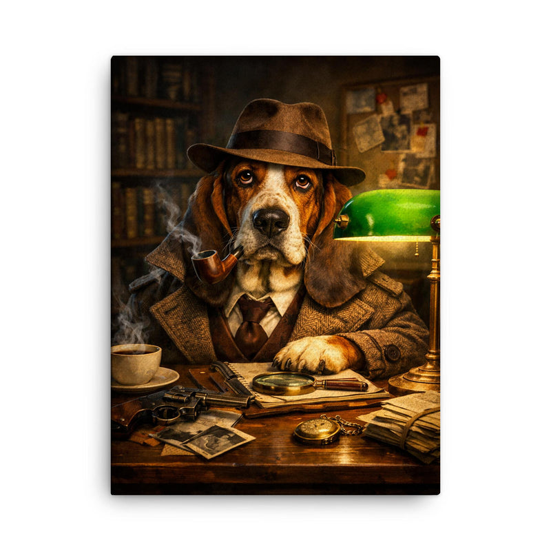 Basset hound detective under green banker lamp canvas print on a plain backdrop in size 18