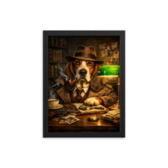 Basset hound detective under green banker lamp framed print on a plain backdrop in size 12"x16".
