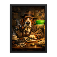 Basset hound detective under green banker lamp framed print on a plain backdrop in size 18"x24".