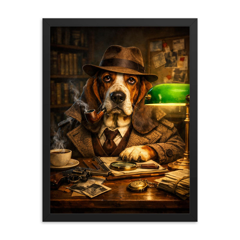 Basset hound detective under green banker lamp framed print on a plain backdrop in size 18