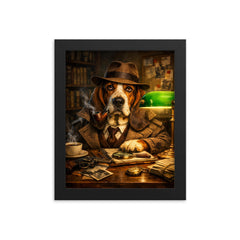 Basset hound detective under green banker lamp framed print on a plain backdrop in size 8"x10".