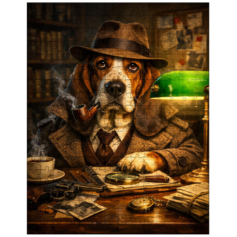 Basset hound detective under green banker lamp jigsaw puzzle