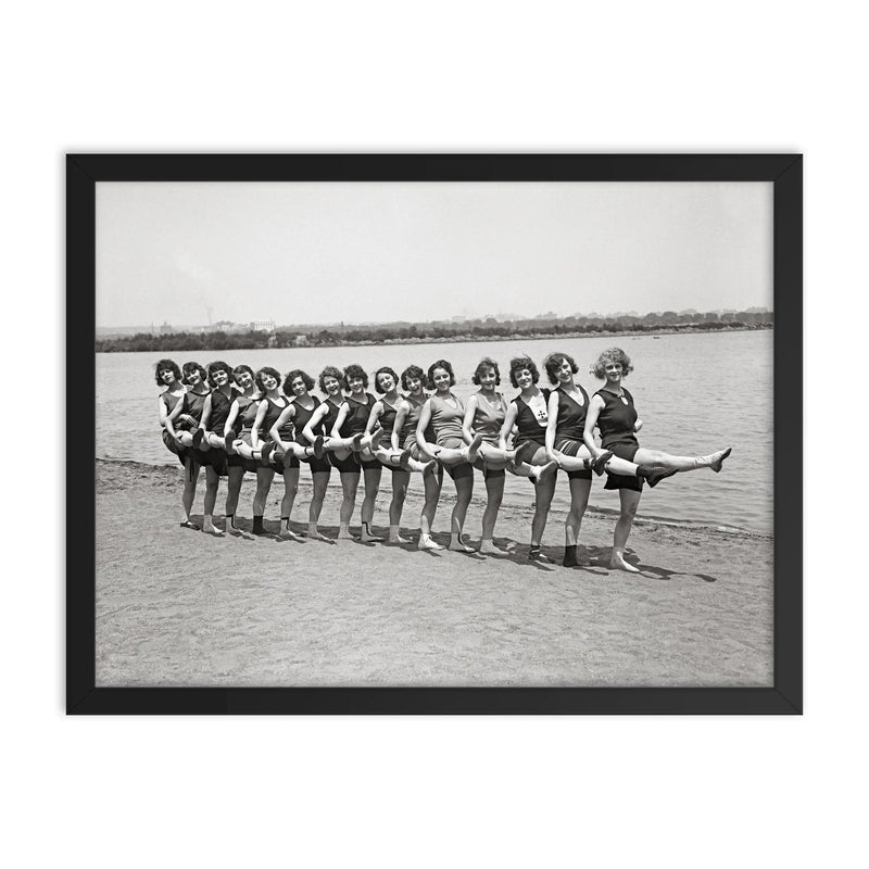 Bathing beauties on a beach along the Potomac River, flappers, Washington, DC 1923 framed print on a plain backdrop in size 18