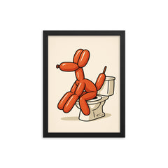 Bathroom decor - funny minimalistic bathroom decor wall art of a balloon dog sitting on the toilet framed print on a plain backdrop in size 12"x16".